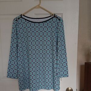 Kim Rogers Blue and White Geometric Floral Long Sleeve Top.Size M